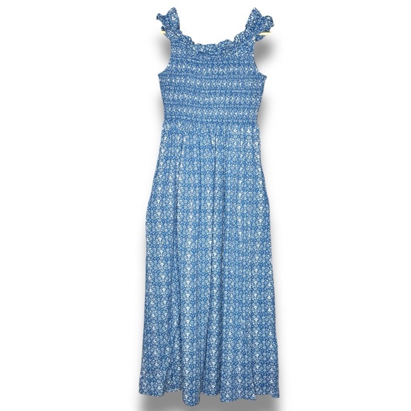 Gal Meets Glam Collection Blue Floral Print Ruffle Neck Sleeveless Maxi Dress 6 - Picture 9 of 11